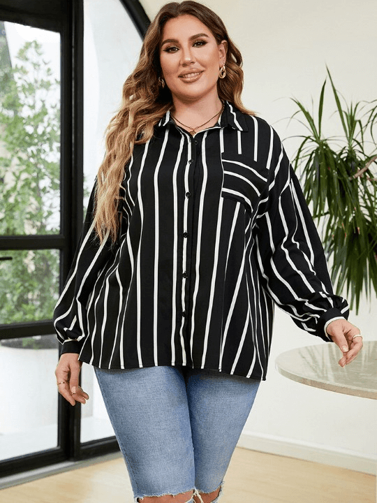 Camisa Casual Feminina Listras Plus Size