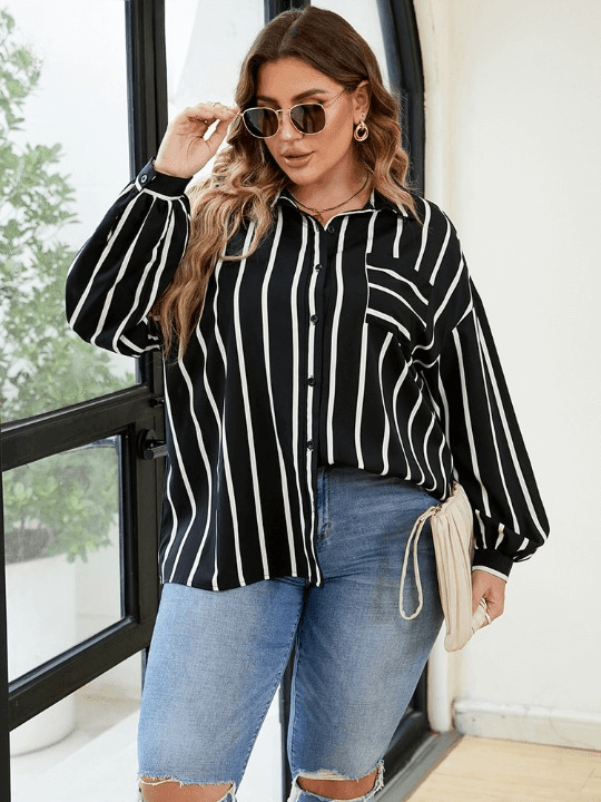 Camisa Casual Feminina Listras Plus Size